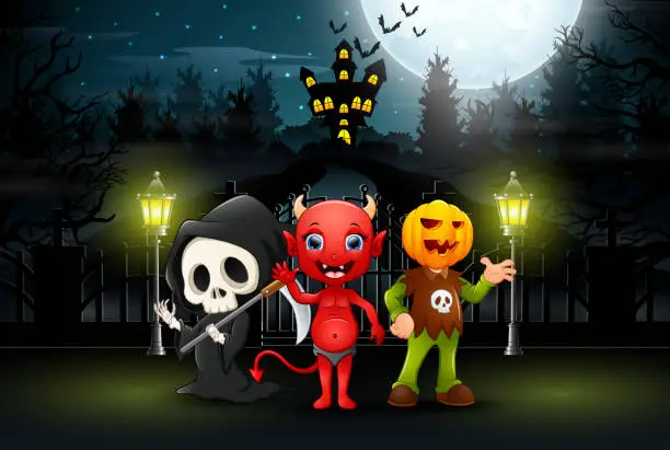 Vector illustration of Happy kids wearing halloween costume outdoors at night