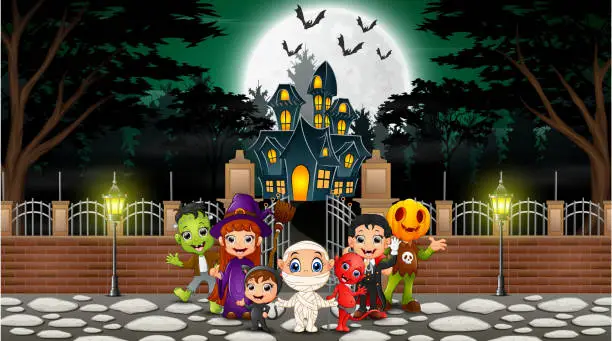 Vector illustration of Happy halloween group celebrate in front of haunted house