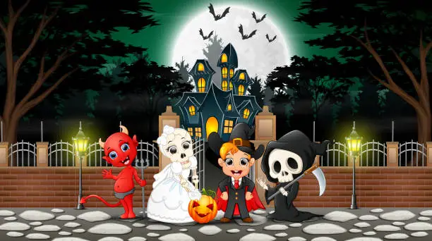 Vector illustration of Happy kids wearing halloween costume outdoors with the haunted house background