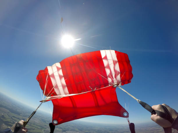 First person view of a red parachute