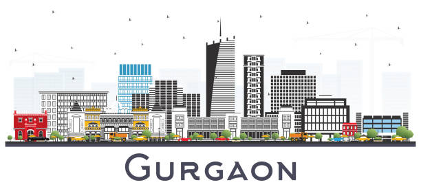 bildbanksillustrationer, clip art samt tecknat material och ikoner med gurgaon indien stadssilhuetten med grå byggnader isoleras på vitt. - haryana