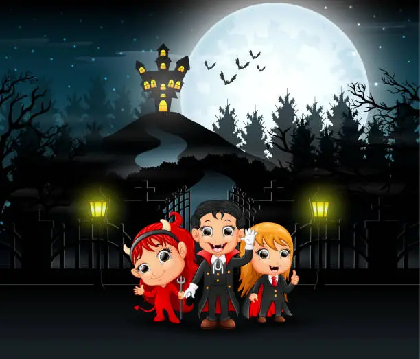 Vector illustration of Cartoon of kids wearing halloween costume with a background of full moon