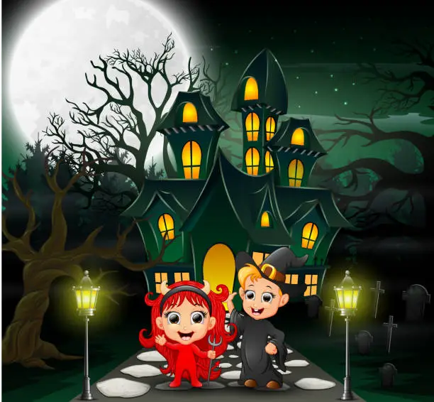 Vector illustration of Happy halloween kids in front of the haunted house with full moon background