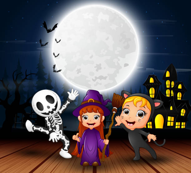 Happy halloween kids with scary house and full moon in the night Happy halloween kids with scary house and full moon in the night black cat costume stock illustrations