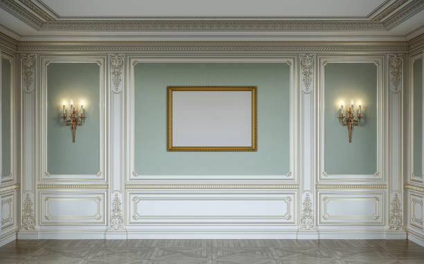 istock lassic interior in olive colors with wooden wall panels, sconces and frame. 3d rendering. 1056591410