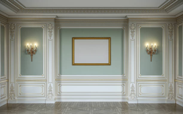 istock lassic interior in olive colors with wooden wall panels, sconces, frame and niche. 3d rendering. 1056591420