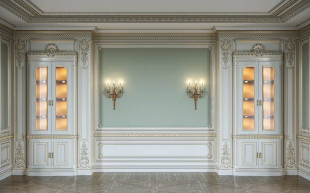 istock classic interior in olive colors with wooden wall panels, showcases and sconces . 3d rendering. 1056591436