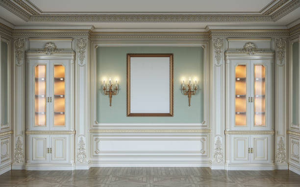 istock classic interior in olive colors with wooden wall panels, showcases, sconces and frame. 3d rendering. 1056591438