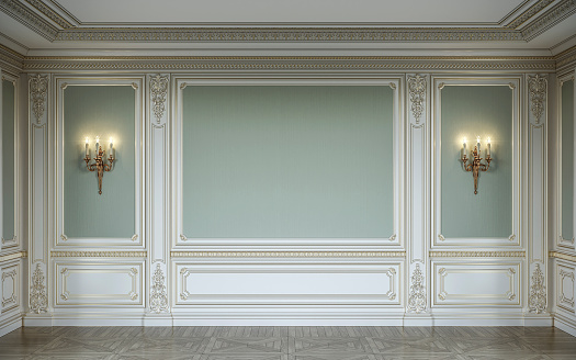 Ñlassic interior in olive colors with wooden wall panels and sconces. 3d rendering.