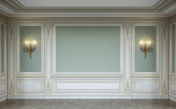 сlassic 內襯橄欖色, 配有木質牆板和壁燈。3d 渲染。 - 3d wall panel 個照片及圖片檔