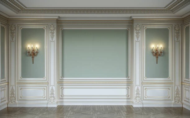 lassic interieur in olivenöl farben mit hölzernen wandverkleidungen, wandlampen und nische. 3d-rendering. - baroque style stock-fotos und bilder