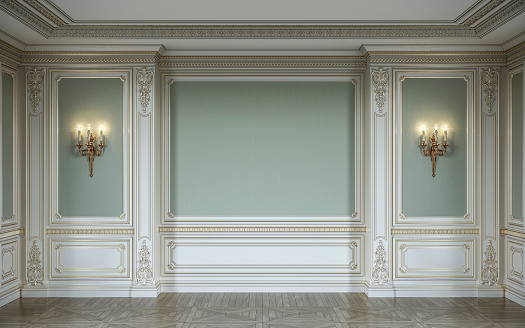 lassic interior en colores verde oliva con paneles de madera de la pared, apliques y nicho. Render 3D. photo