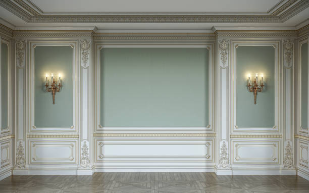 lassic interior in olive colors with wooden wall panels, sconces and niche. 3d rendering.