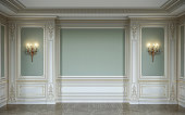 lassic interior in olive colors with wooden wall panels, sconces and niche. 3d rendering.