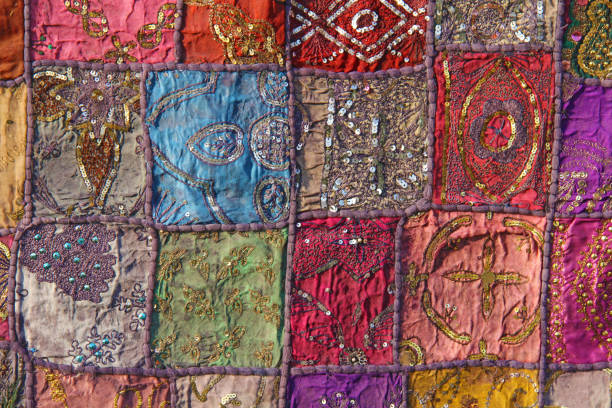 istock Patchwork of indium. India embroidery colored squares. Bright multicolored Indian oriental background 1056591572