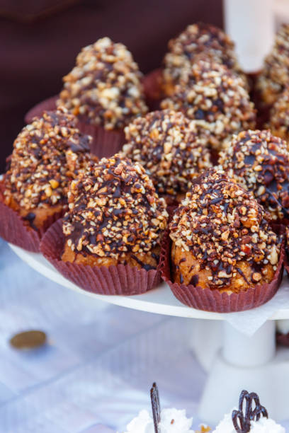 istock Tasty chocolate cakes on stand plate 1056592078