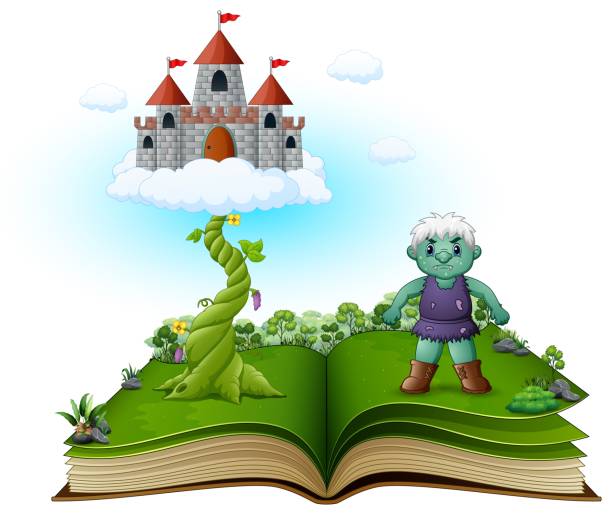 ilustraciones, imágenes clip art, dibujos animados e iconos de stock de libro de cuentos con beanstalk mágico, el castillo en las nubes y el gigante verde - 6727