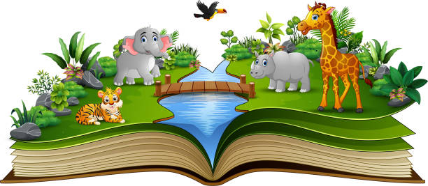 istock Open book with the animal cartoon playing in the river 1056594866