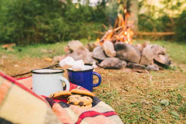 istock two metal cups with tea and cookies. fire on background 1056598334