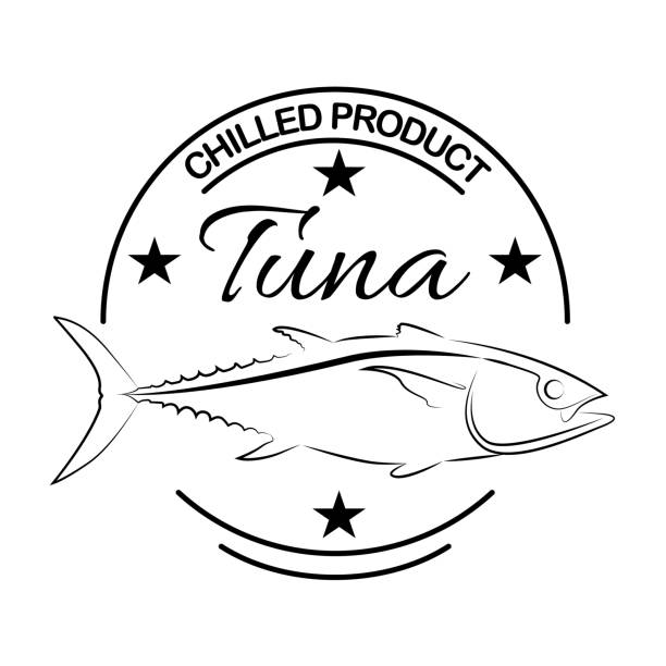 ilustraciones, imágenes clip art, dibujos animados e iconos de stock de emblema de atún, etiqueta. plantilla para tiendas, mercados de envasado de vector - fish prepared fish fishing bass