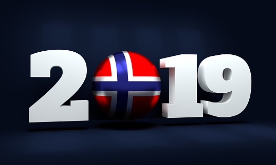 2019 Happy New Year Background for seasonal greetings card or Christmas themed invitations. Flag of the Norway