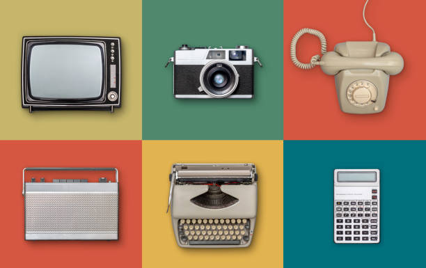 retro eighties electronics items background retro eighties electronics items on colored background typewriter photos stock pictures, royalty-free photos & images