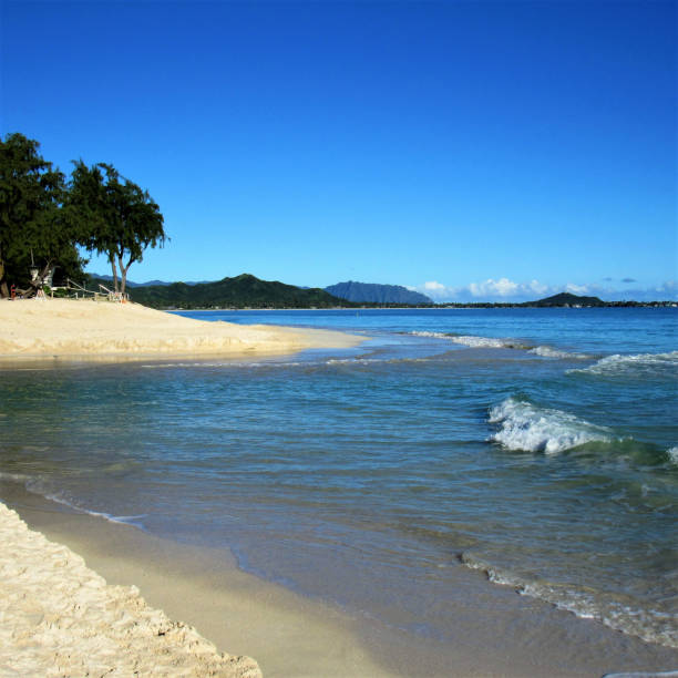 playa de kailua, kailua, hi de oahu.  una hermosa playa de 2 1/2 millas de largo, se encuentra entre alala y kapoho puntos. identificado por conde naste revista como la mejor playa de estados unidos.  limita la longitud de la bahía de kailua. - kapoho fotografías e imágenes de stock