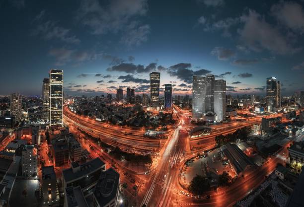 Tel Aviv Photo of the city Tel Aviv from a high vantage point at sunset. Highway Ayalon. Station train hashalom. Asrieli Center. Electra Tower tel aviv photos stock pictures, royalty-free photos & images