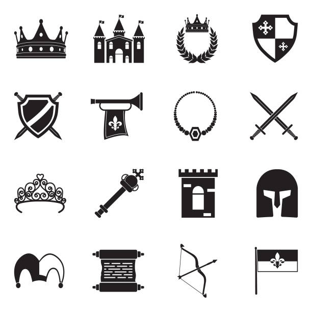 Royalty Icons. Black Flat Design. Vector Illustration. Medieval, Royalty, King, Queen, Crown sceptre stock illustrations
