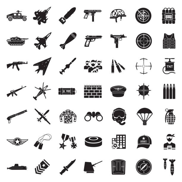 ilustraciones, imágenes clip art, dibujos animados e iconos de stock de iconos de la guerra. diseño plano negro. ilustración de vector. - computer icon symbol knife terrorism