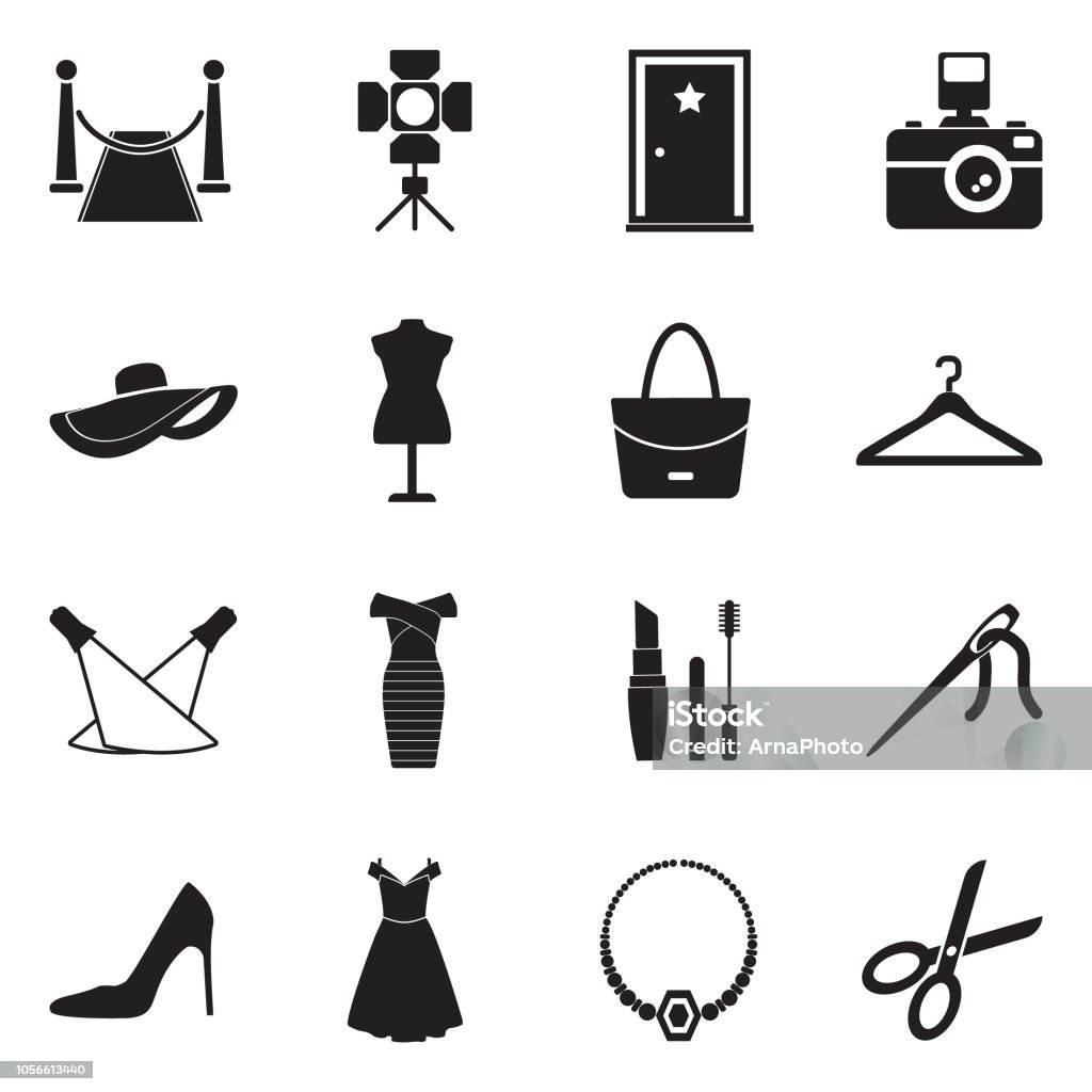 Fashion Show Icons. Black Flat Design. Vector Illustration. Fashion, Model, Red Carpet, Show Icon Symbol stock vector