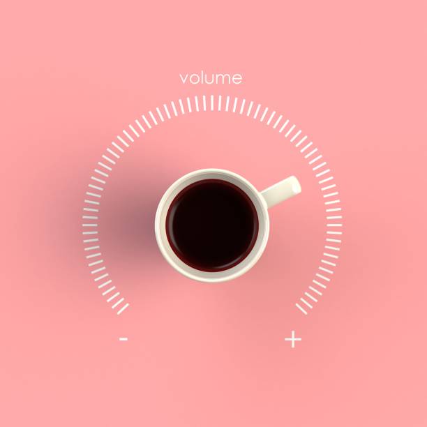 vista superior de uma xícara de café em forma de controle de volume isolado no fundo rosa, ilustração do conceito, renderização em 3d - fresh coffee audio - fotografias e filmes do acervo