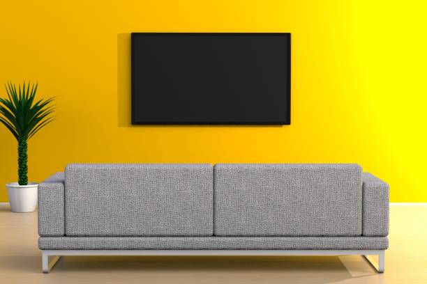 黄色の壁のモダンなスタイルの 3 d レンダリング テレビとソファと空の部屋のインテリアは、リビング ルームの led テレビ - back to front ストックフォトと画像