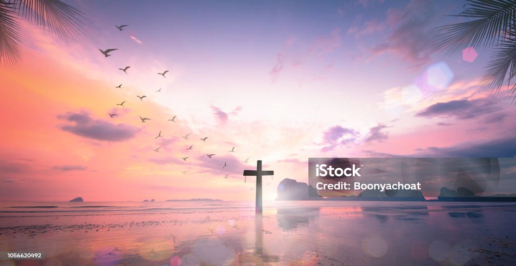 The cross at autumn background Resurrection of Jesus Christ concept: Silhouette cross on beach autumn sunrise background Backgrounds Stock Photo