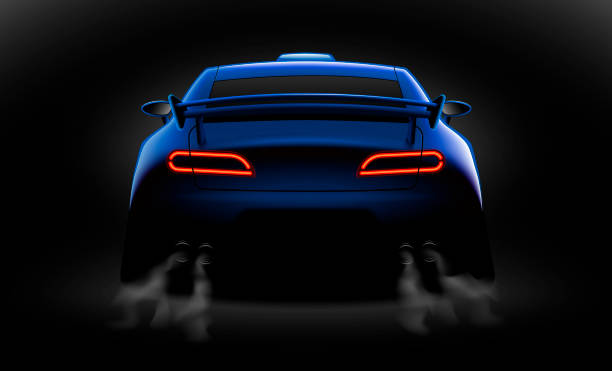 realistic blue sport car back view with unlocked rear lights in the dark vector art illustration