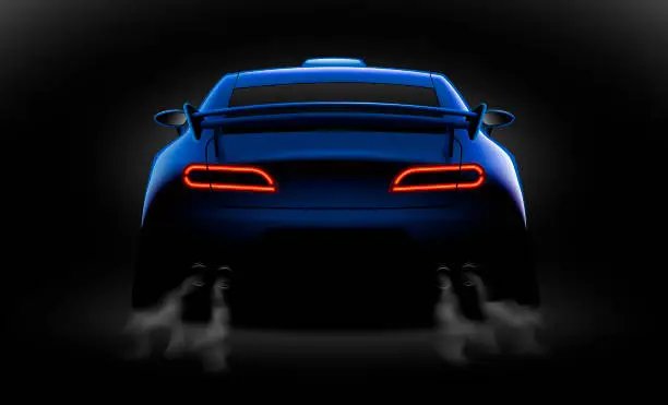 Vector illustration of realistic blue sport car back view with unlocked rear lights in the dark