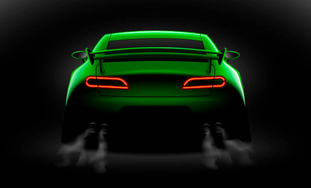 realistic green sport car back view with unlocked rear lights in the dark vector art illustration