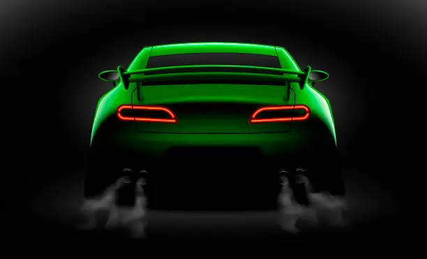 Vector illustration of realistic green sport car back view with unlocked rear lights in the dark