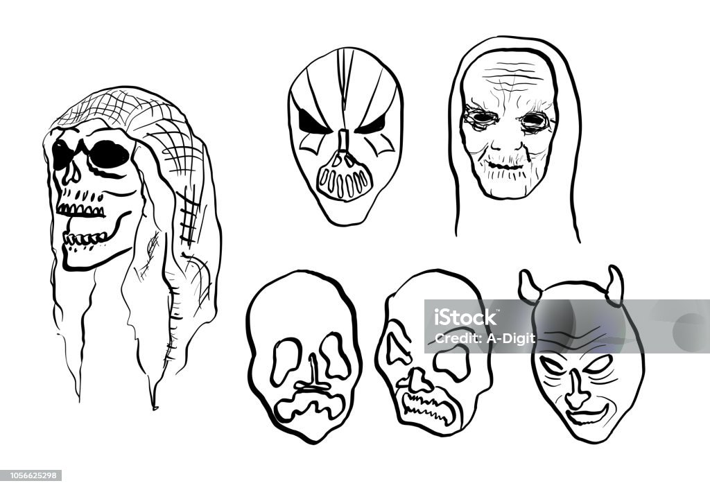 Demons And Ghouls Masks Very scary collection of halloween masks in line drawings Art stock vector