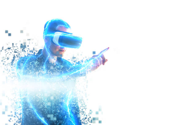 a person in virtual glasses flies to pixels. the man with glasses of virtual reality. future technology concept. modern imaging technology. fragmented by pixels. - video game flash imagens e fotografias de stock
