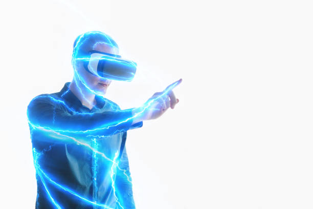 istock Young man with virtual reality glasses. Modern technologies. The concept of future technology. 1056631492