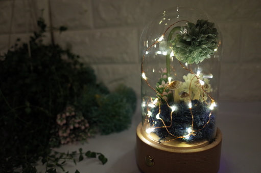 A music speaker with lighting effect and preserved flowers