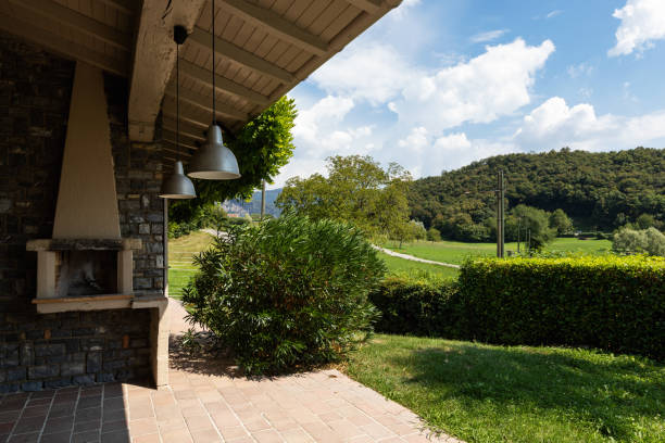 istock Patio with fireplace of a modern villa 1056632074
