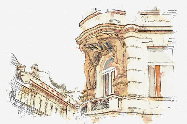 illustration or watercolor sketch. Traditional old architecture in Prague in the Czech Republic. European architecture.