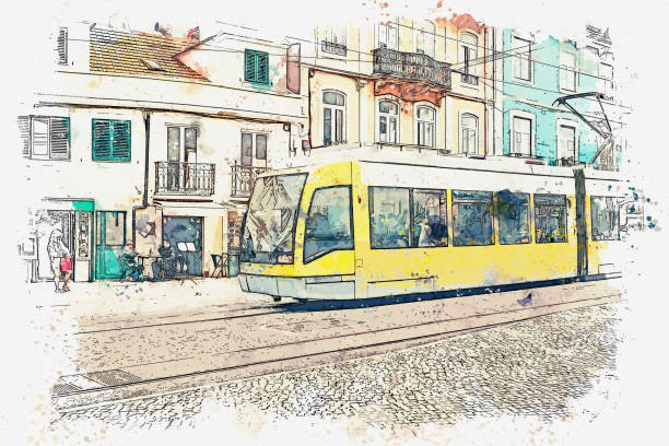 Sketch with watercolor or illustration of a traditional tram moving down the street in Lisbon in Portugal.