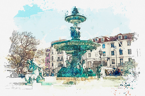 A watercolor sketch or illustration. Beautiful old fountain in the town square in Lisbon.