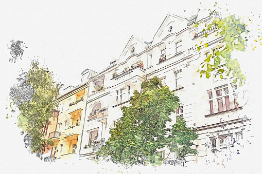 A watercolor sketch or an illustration of typical apartment building in Berlin. Exterior of a multi-apartment city house.