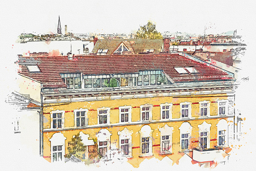 A watercolor sketch or an illustration. Traditional architecture in Berlin in Germany. Residential buildings.