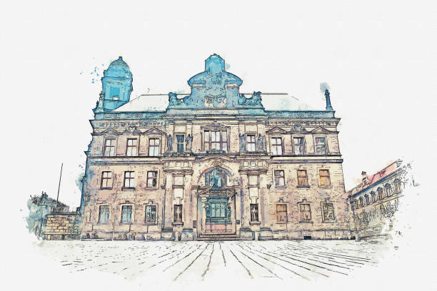 A watercolor sketch or illustration. Part of the ancient architectural complex called the Royal Palace built in the 16th century in Dresden in Germany.