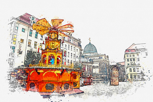 A watercolor sketch or illustration. Decorations on the Christmas market in Dresden in Germany. Celebrating Christmas in Europe